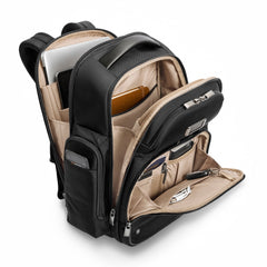Large black cargo backpack by Briggs & Riley, featuring multiple compartments for work and travel organization.