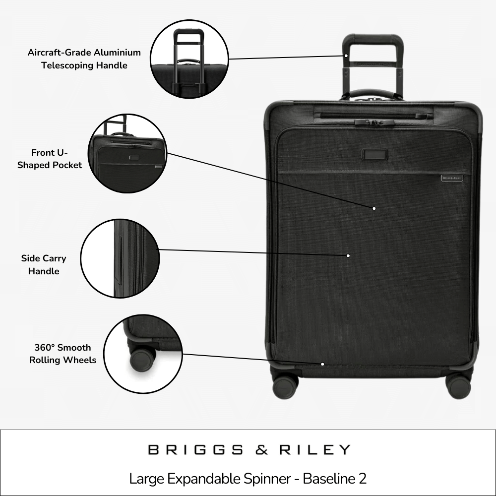 Large expandable spinner suitcase from Briggs & Riley, featuring a durable design and spacious compartments for travel.