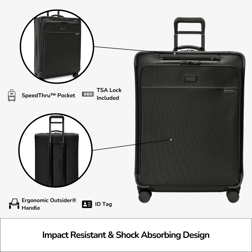 Large expandable spinner suitcase by Briggs & Riley, featuring a sleek design and smooth-rolling wheels for easy travel.