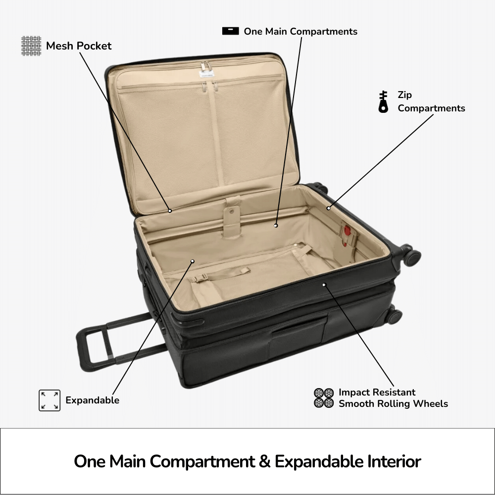 Large expandable spinner suitcase by Briggs & Riley, featuring a durable exterior and spacious interior for travel convenience.
