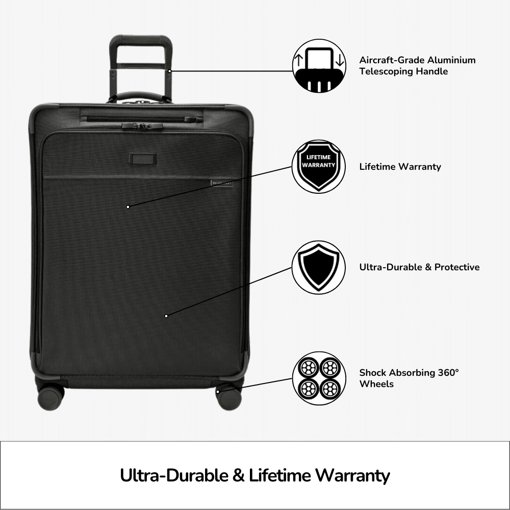 Large expandable spinner suitcase by Briggs & Riley, featuring a durable design and spacious compartments for travel.