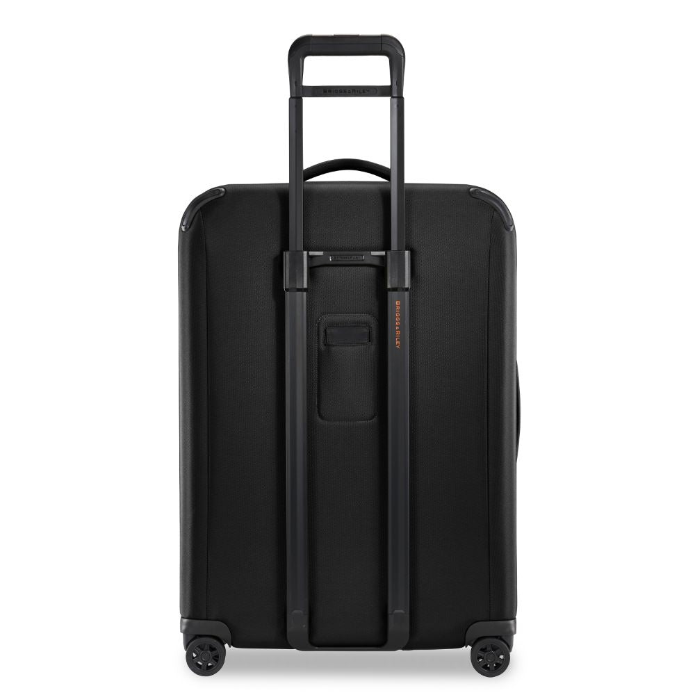 Briggs & Riley ZDX large spinner check-in luggage in black with smooth wheels and spacious compartments.