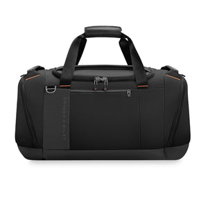 Large black travel duffle bag by Briggs & Riley, featuring sturdy handles and spacious interior for organized packing.