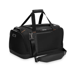 Large black travel duffle by Briggs & Riley, featuring spacious interior and sturdy handles for easy carrying.