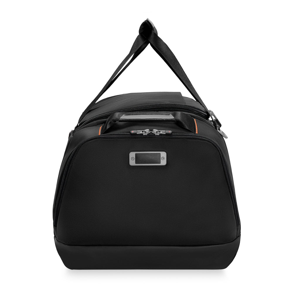 Large black travel duffle by Briggs & Riley, featuring durable fabric and spacious compartments for easy packing.