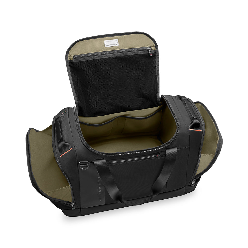 Large black travel duffle by Briggs & Riley, featuring spacious interior and durable design for easy travel.