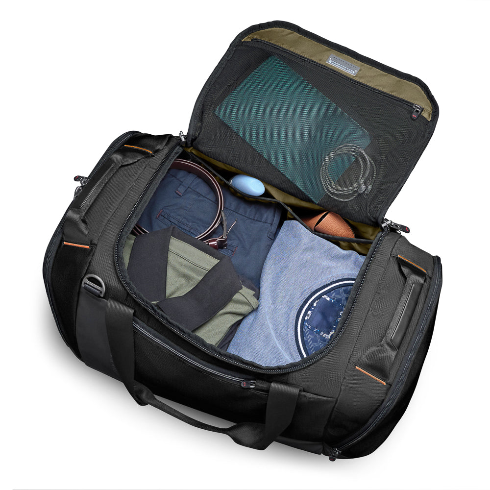 Briggs & Riley ZDX large black travel duffle bag with spacious compartments and durable fabric for easy transportation.