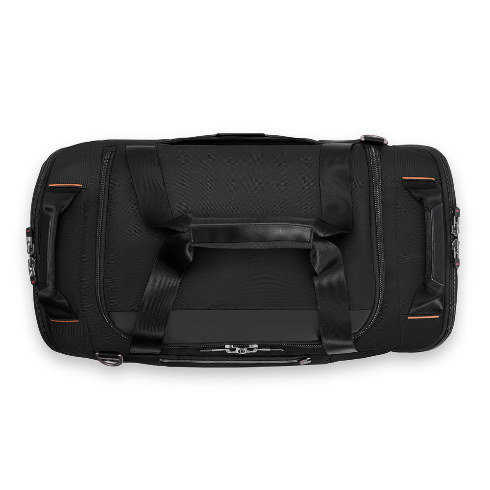 Large black travel duffle bag by Briggs & Riley, featuring durable fabric and spacious interior for easy packing.