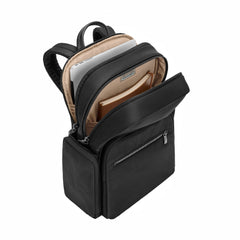 Briggs & Riley Rhapsody medium backpack in black, featuring multiple compartments and ergonomic design.