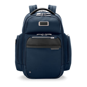 Navy medium cargo backpack by Briggs & Riley, featuring multiple compartments and a durable design for work use.