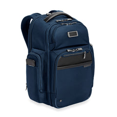 Navy medium cargo backpack by Briggs & Riley featuring multiple compartments for work and travel organization.