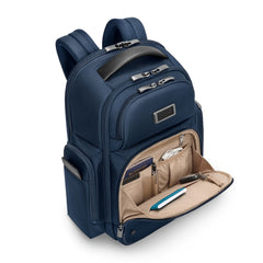 Navy medium cargo backpack by Briggs & Riley, featuring multiple compartments and ergonomic design for work use.