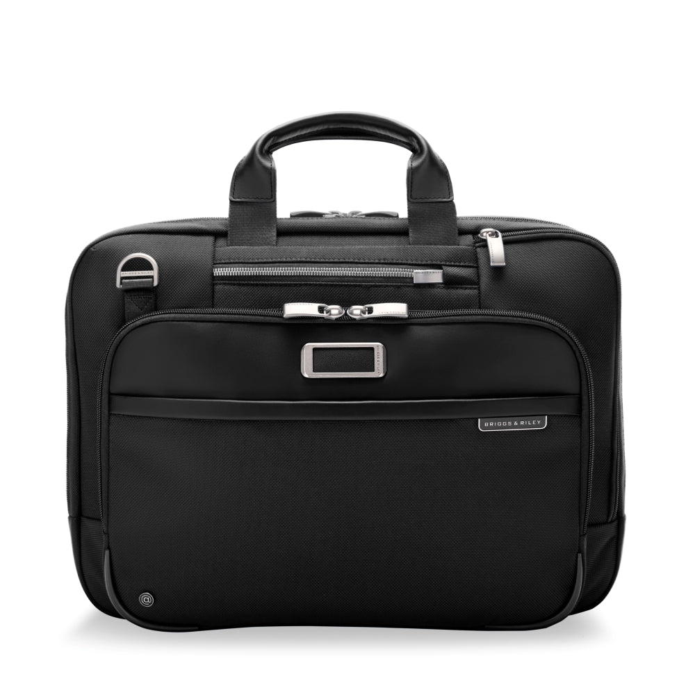 Briggs & Riley Medium Expandable Briefcase in black, featuring a sleek design and multiple compartments for organization.