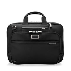 Briggs & Riley Medium Expandable Briefcase in black, featuring a sleek design and multiple compartments for organization.