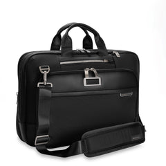 Briggs & Riley black medium expandable briefcase with multiple compartments, ideal for work and travel organization.