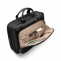 Briggs & Riley black medium expandable briefcase with multiple compartments and a sleek design, perfect for work.