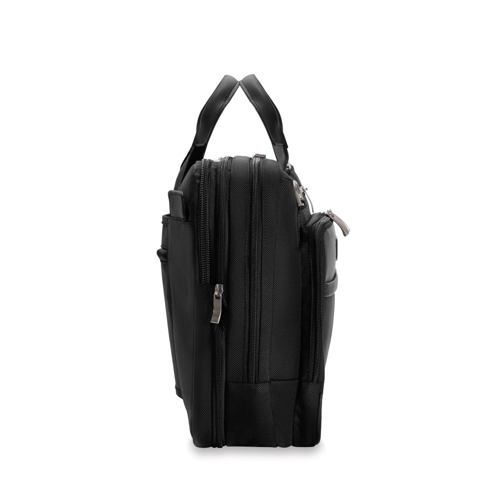 Briggs & Riley Medium Expandable Briefcase in black, showcasing spacious compartments and sleek design for professional use.