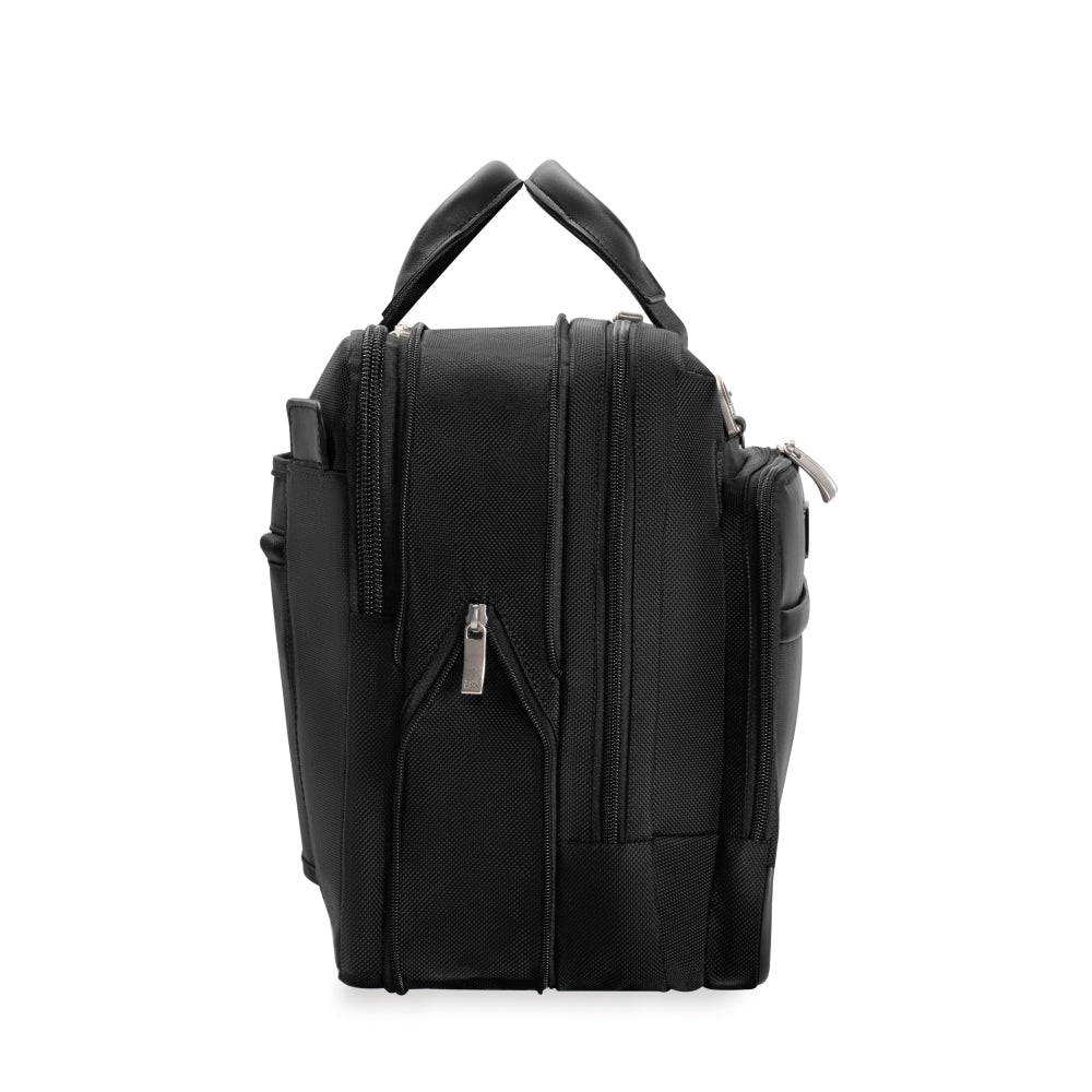 Briggs & Riley Medium Expandable Briefcase in black, featuring multiple compartments and a sleek design.