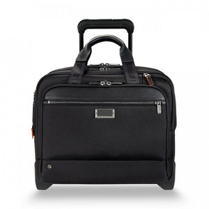 Briggs & Riley black medium expandable briefcase with multiple compartments and a sleek design for professional use.