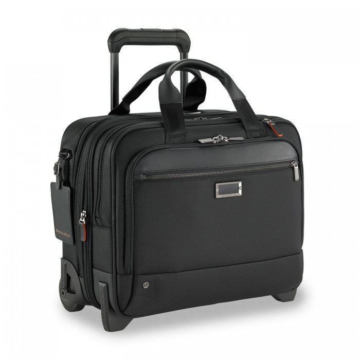 Briggs & Riley At Work Black medium expandable briefcase with dual compartments and sleek design.