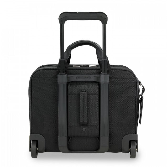 Briggs & Riley black medium expandable briefcase with multiple compartments and a sleek design for professional use.