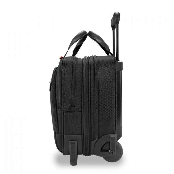 Medium expandable black briefcase by Briggs & Riley, featuring a sleek design and organized compartments for work essentials.