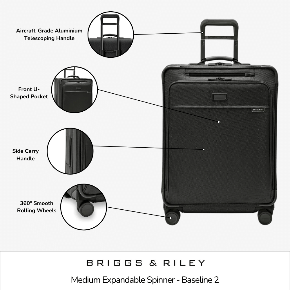 Briggs & Riley medium expandable spinner suitcase in black with smooth wheels and a spacious interior for travel.