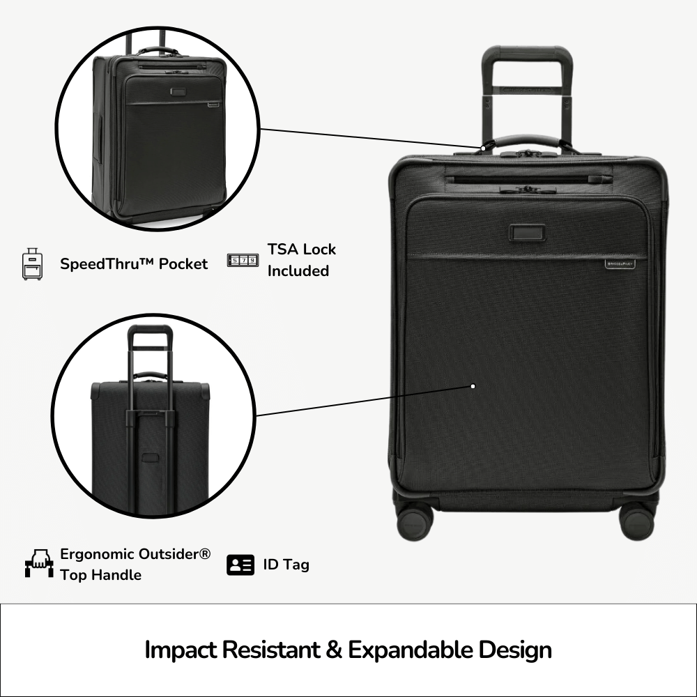 Briggs & Riley Baseline 2 medium expandable spinner suitcase with smooth wheels and sturdy handle, shown in a stylish design.