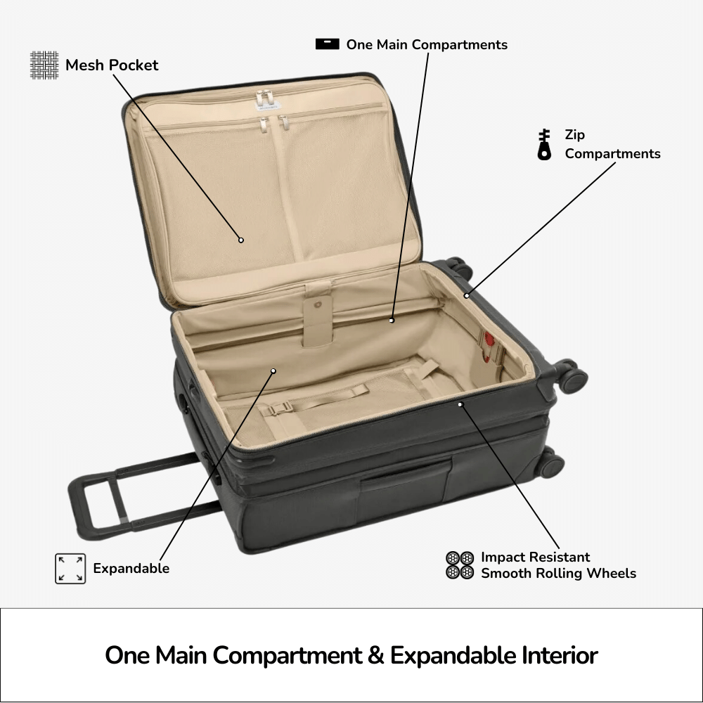 Briggs & Riley Baseline 2 medium expandable spinner suitcase in sleek design with 4 wheels for easy mobility.