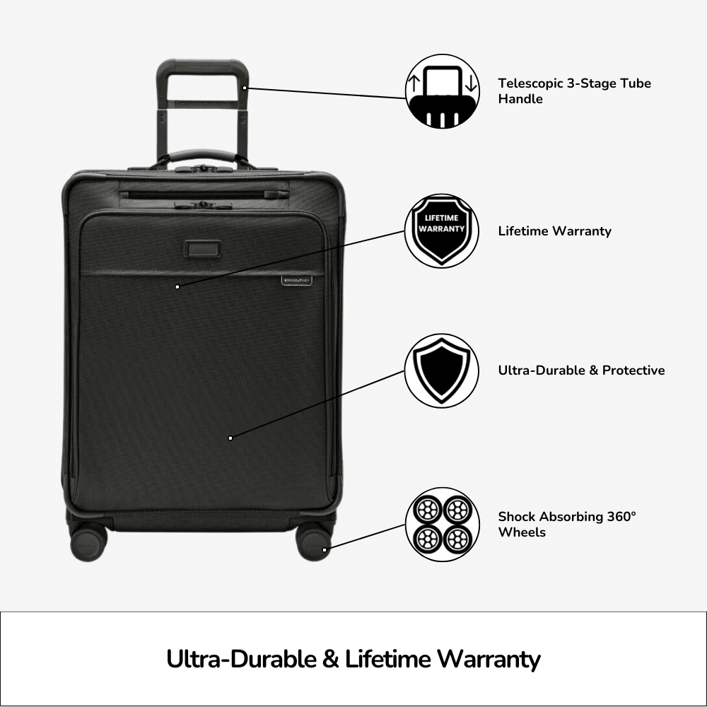 Medium expandable spinner suitcase by Briggs & Riley, featuring four wheels and a durable design for travel convenience.