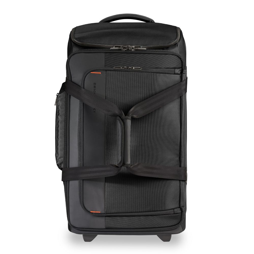 Briggs & Riley ZDX medium upright duffle in black, featuring durable fabric and spacious design for travel convenience.