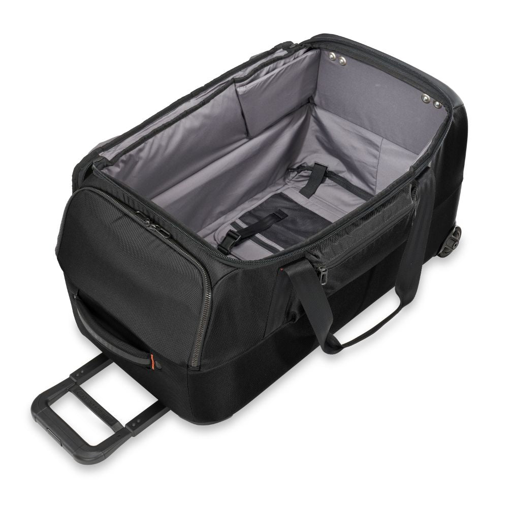 Briggs & Riley ZDX medium upright duffle in black, showcasing spacious design and durable fabric for travel convenience.