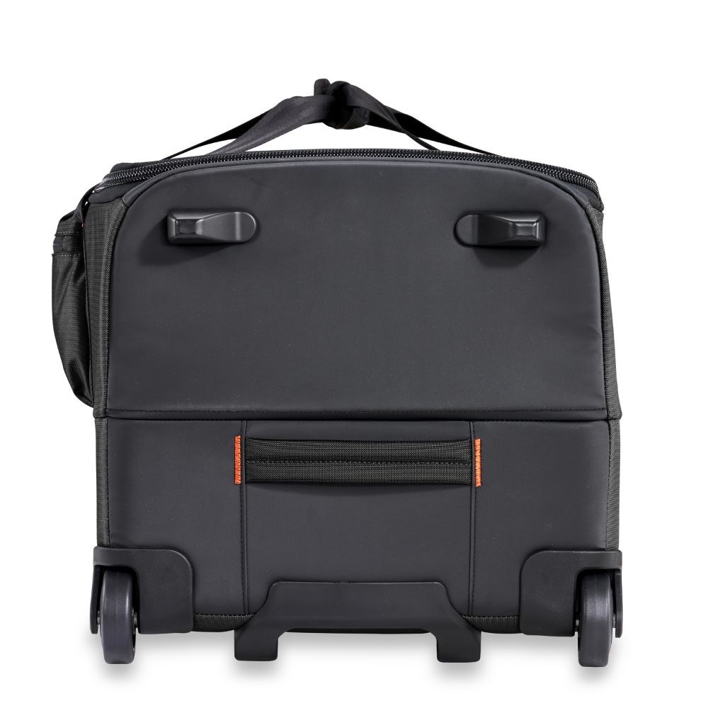Medium upright duffle bag in black from Briggs & Riley, featuring durable fabric and spacious main compartment.