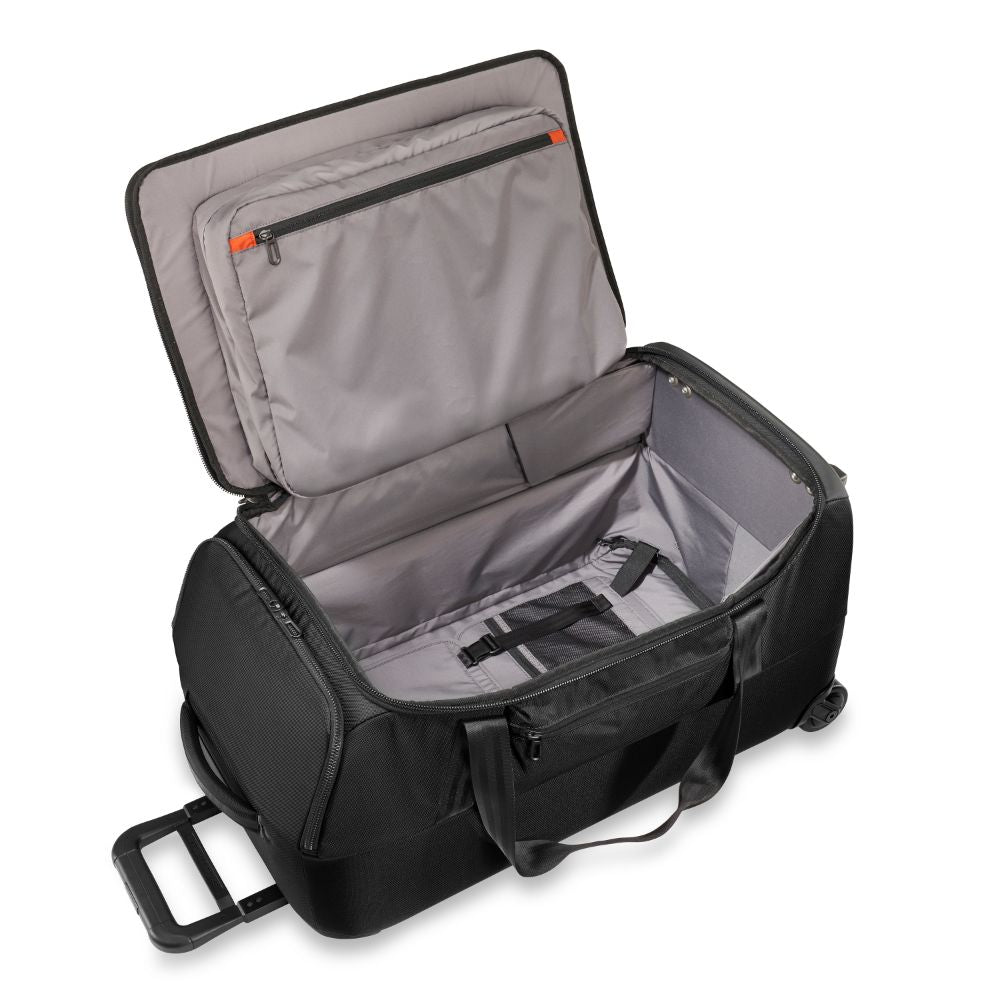 Briggs & Riley ZDX medium upright duffle in black, featuring a spacious main compartment and durable fabric.