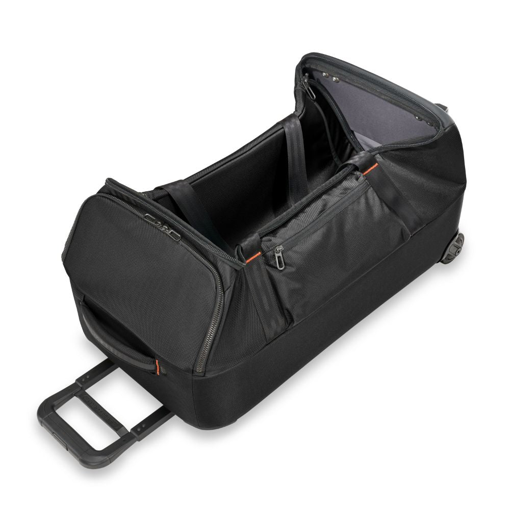 Briggs & Riley ZDX medium upright duffle in black, featuring sturdy handles and spacious interior for travel convenience.