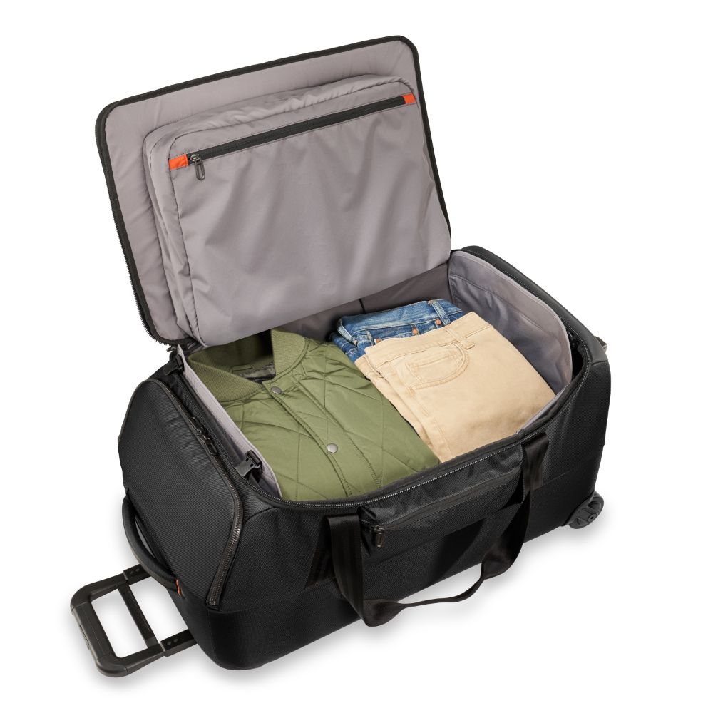 Briggs & Riley ZDX medium upright duffle in black, showcasing durable fabric and spacious main compartment.