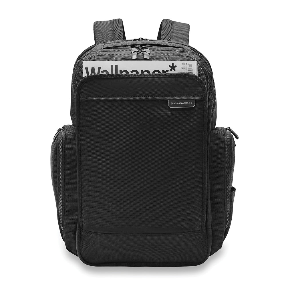 Black Briggs & Riley Baseline 2 travel backpack with multiple compartments and ergonomic design for comfortable carrying.