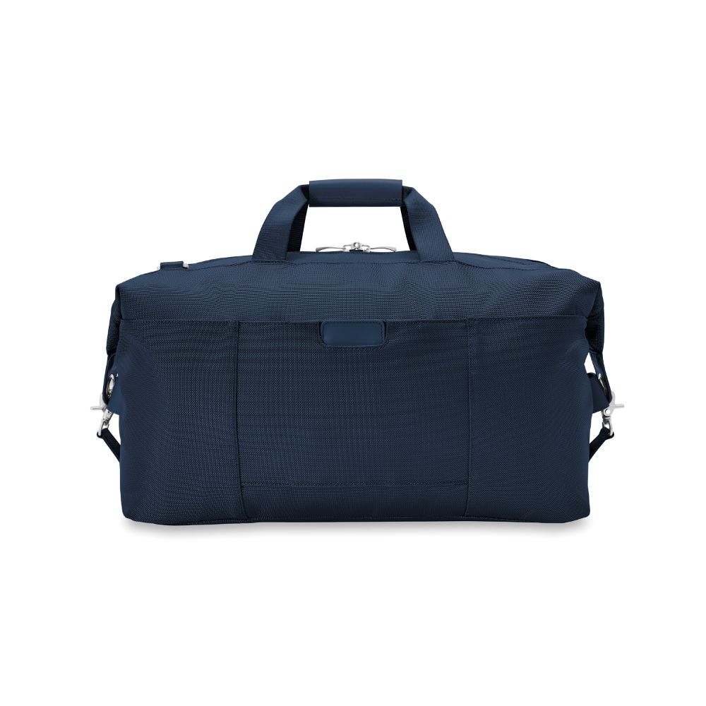 Briggs & Riley Baseline 2 Weekender Duffle in navy, showcasing spacious interior and durable fabric design.