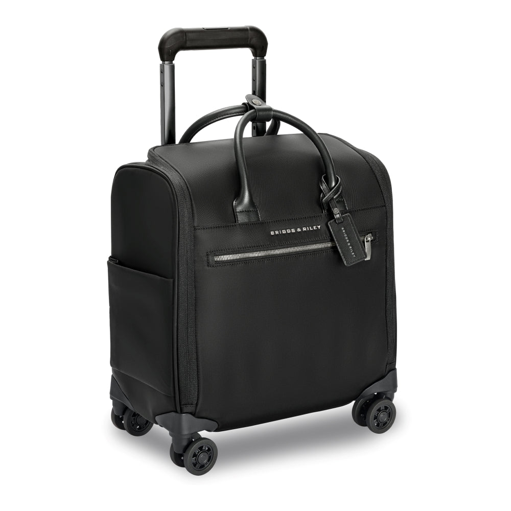 Black wheeled cabin suitcase by Briggs & Riley, featuring a sleek design and durable material for travel convenience.