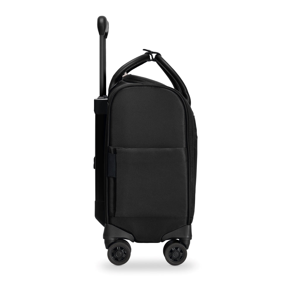 Black wheeled cabin suitcase by Briggs & Riley Luggage with a sleek design and sturdy handles for travel convenience.