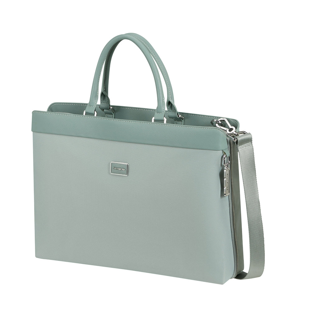Samsonite 15.6" briefcase in thyme color with a sleek design and padded compartment for laptops and documents.