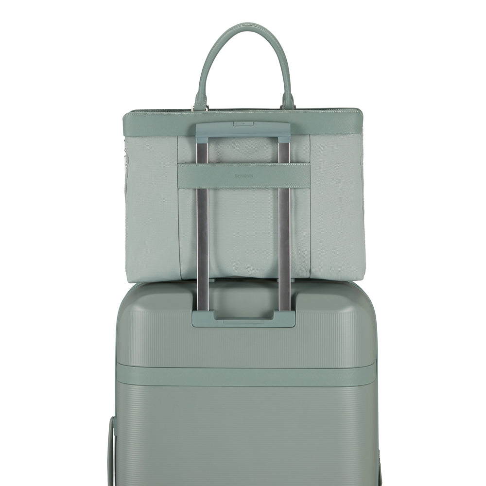 Samsonite 15.6" briefcase in thyme color, featuring a sleek design and padded compartment for laptops and documents.