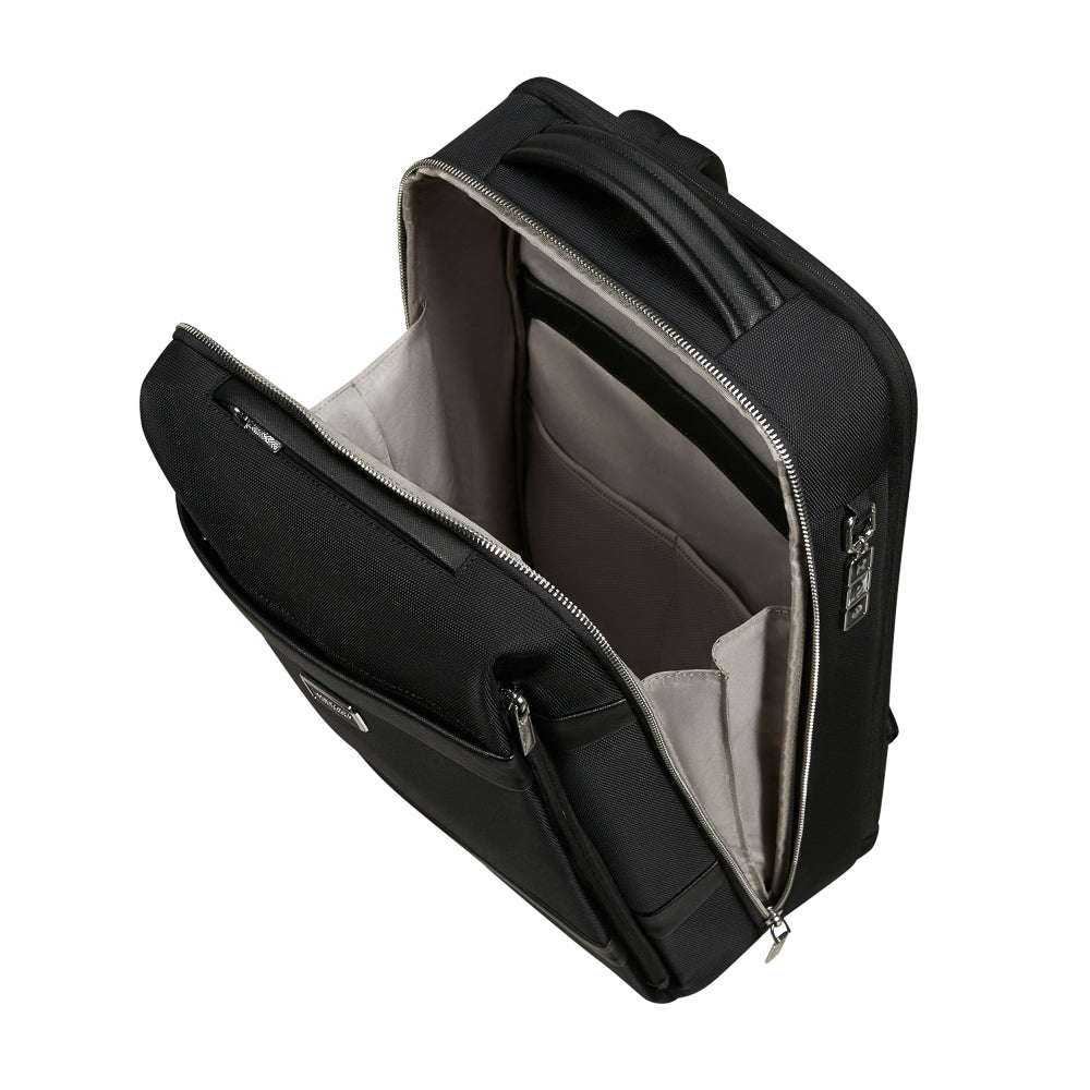 Samsonite 15.6" laptop backpack in black with multiple compartments and padded straps for comfort and organization.