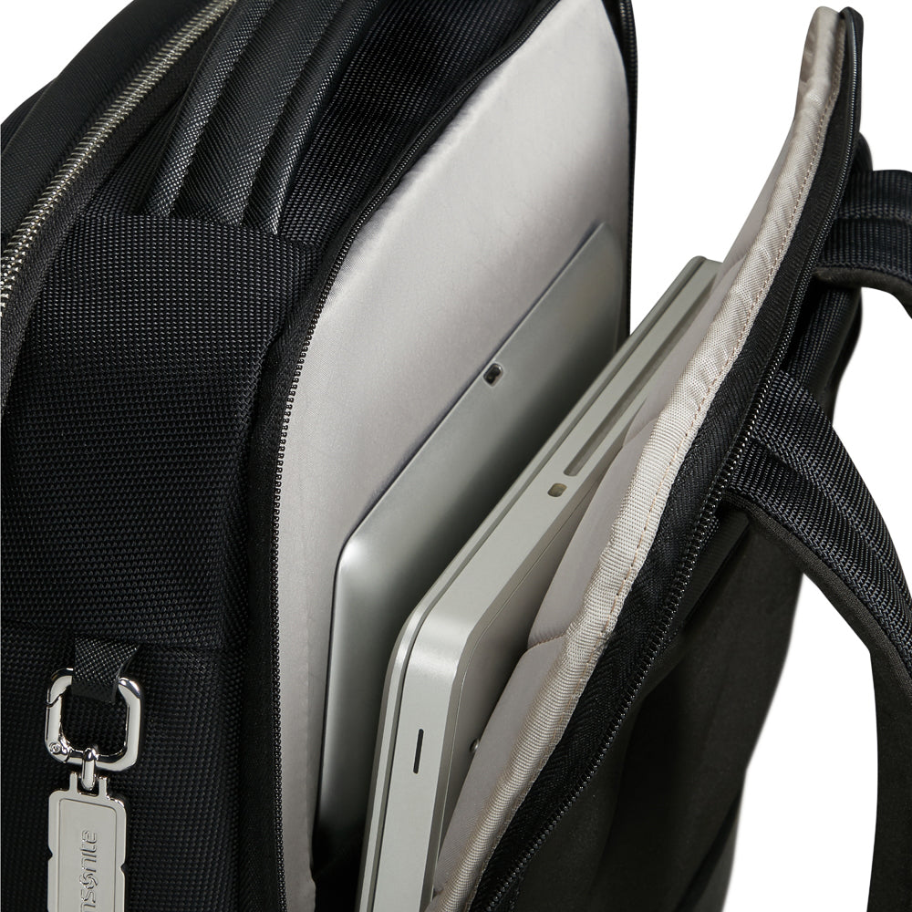 Samsonite 15.6" laptop backpack in black, featuring padded compartments and adjustable straps for comfort and organization.