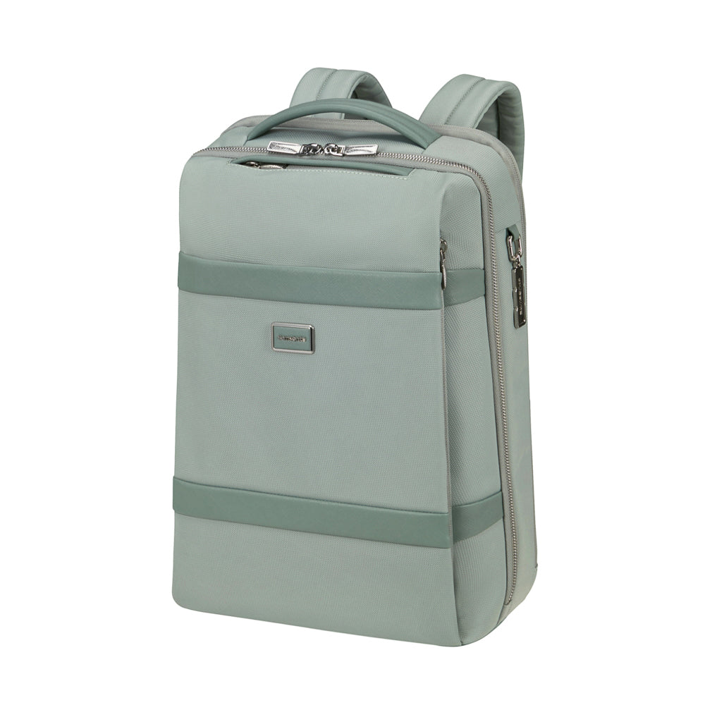 Samsonite 15.6" laptop backpack in thyme green with padded compartments and ergonomic straps for comfort.