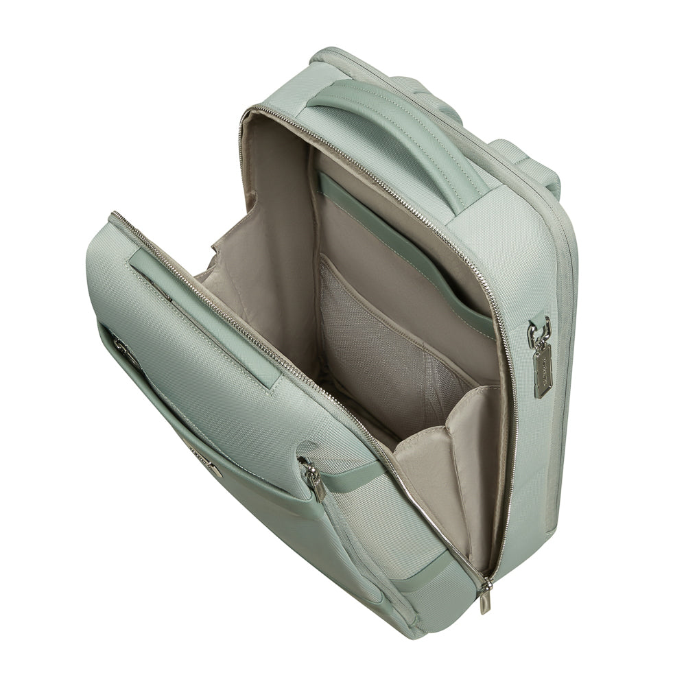 Samsonite 15.6" laptop backpack in thyme color, featuring padded straps and multiple compartments for organization.