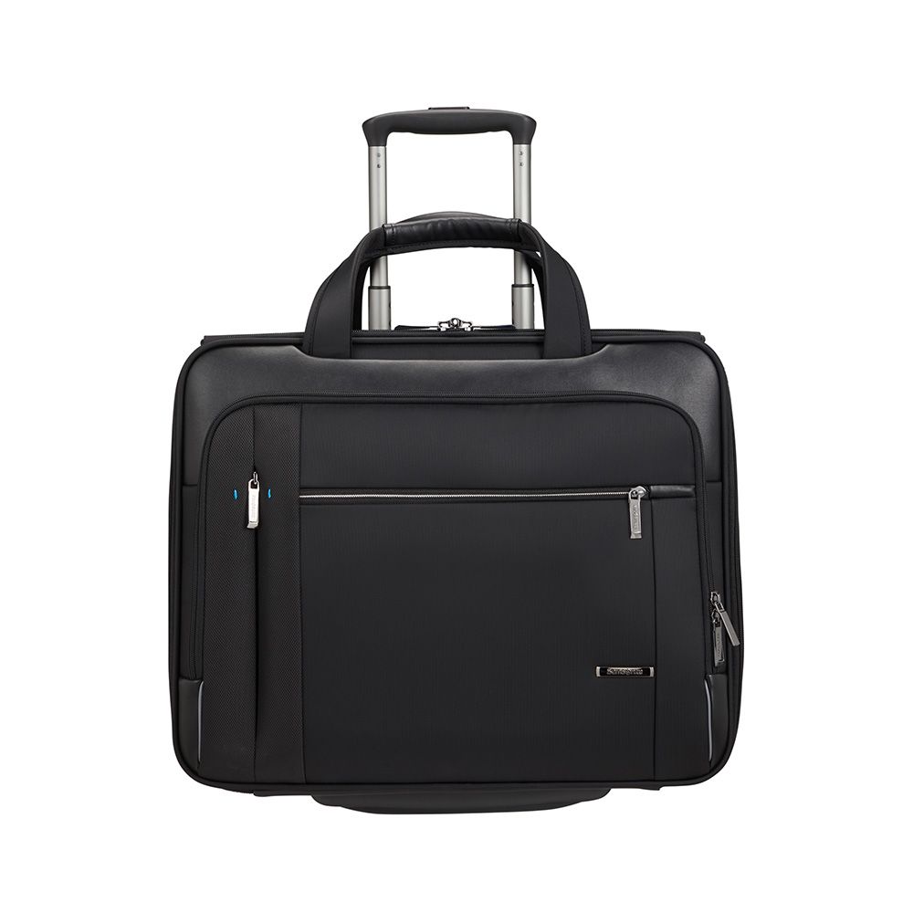 Samsonite Spectrolite 3.0 wheeled briefcase for 17.3" laptop, featuring sleek black design and sturdy wheels.