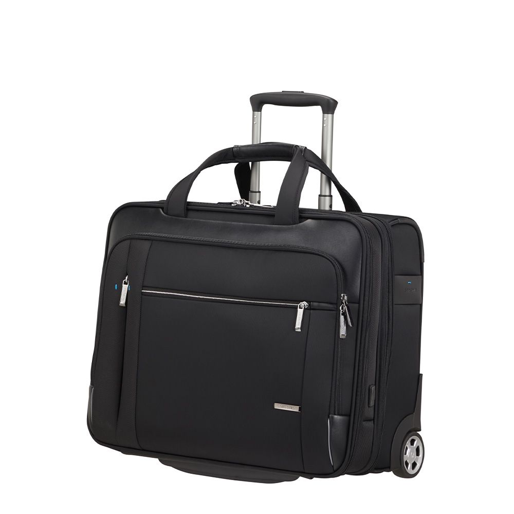 Samsonite Spectrolite 3.0 wheeled briefcase for 17.3" laptops, featuring a sleek black design and durable wheels.