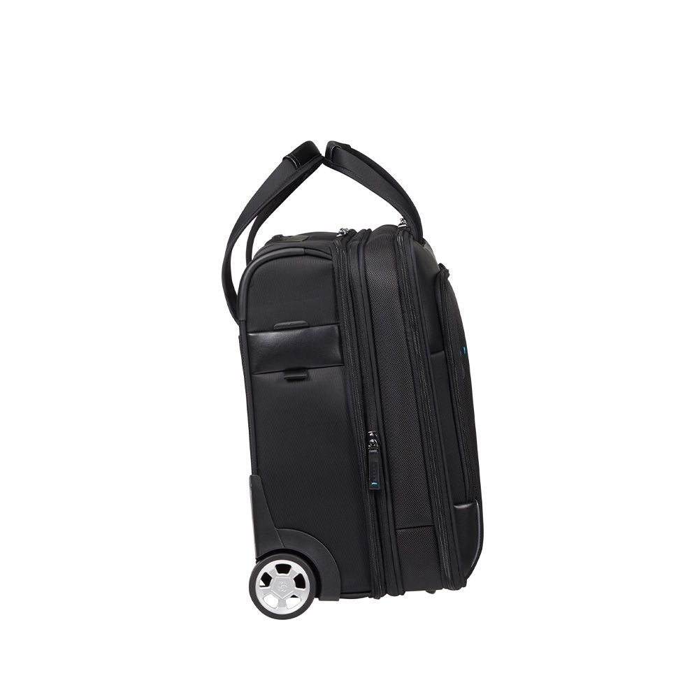 Samsonite Spectrolite 3.0 wheeled briefcase for 17.3" laptops, featuring black fabric and smooth rolling wheels.