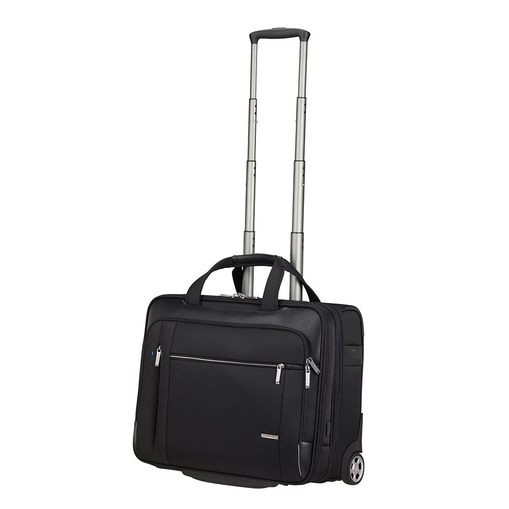 Samsonite Spectrolite 3.0 wheeled briefcase for 17.3" laptops, featuring a sleek black design and sturdy wheels.